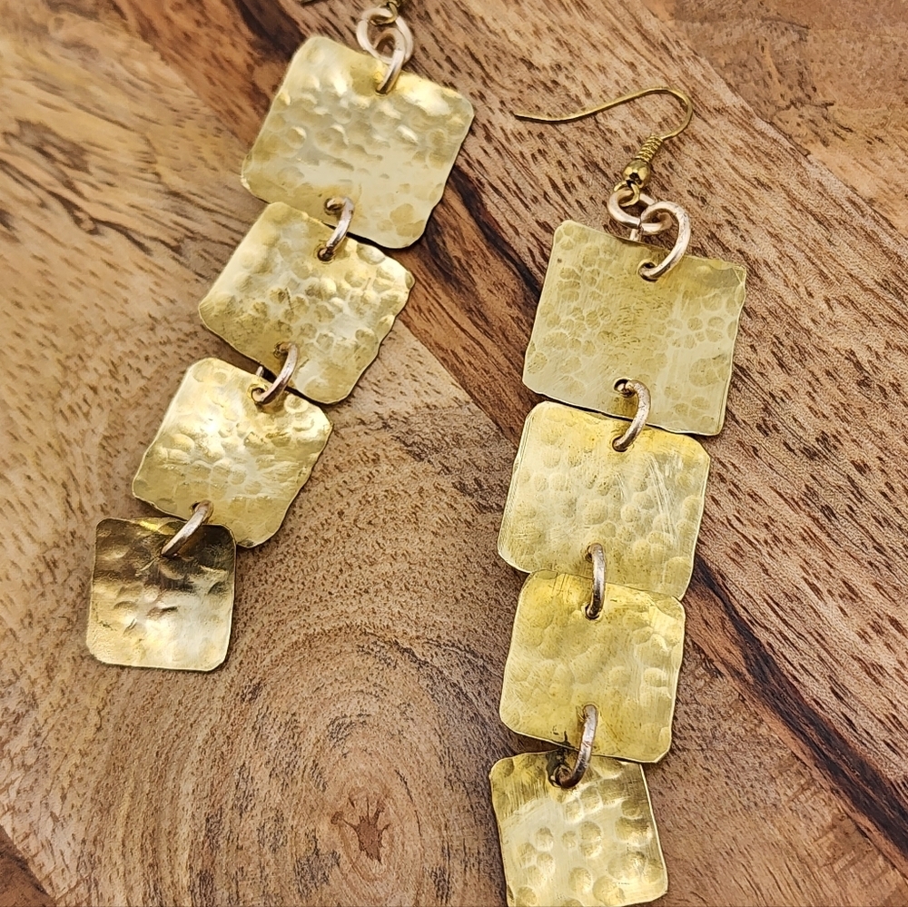 BRASS EARRINGS HANDMADE HAMMERED FOR TEXTURE DANGLING STYLE - Picture 7 of 9